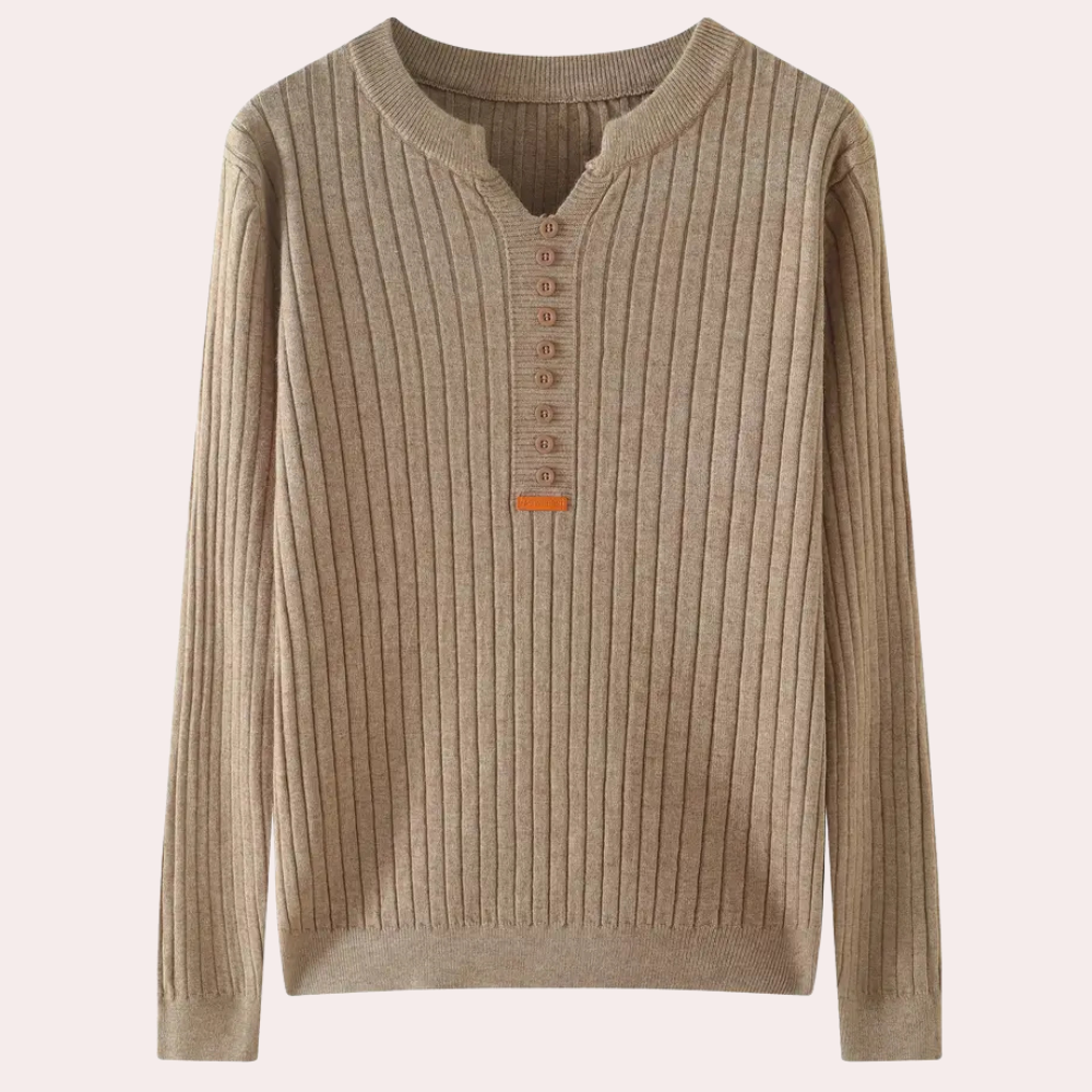 Amanda | Women's Ribbed Knit Sweater with Notched Neck and Button Placket
