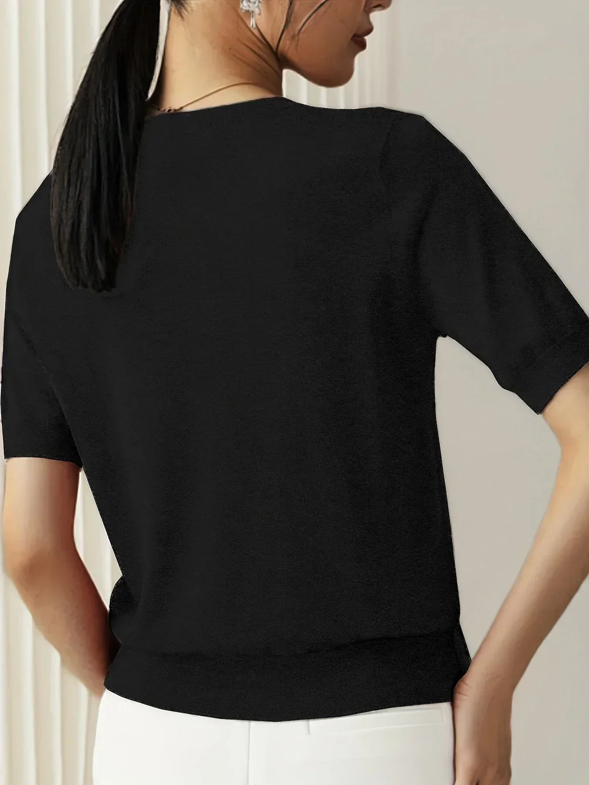 Sharon | Women's Fine Knit Sweater with Short Sleeves and Ribbed Trim